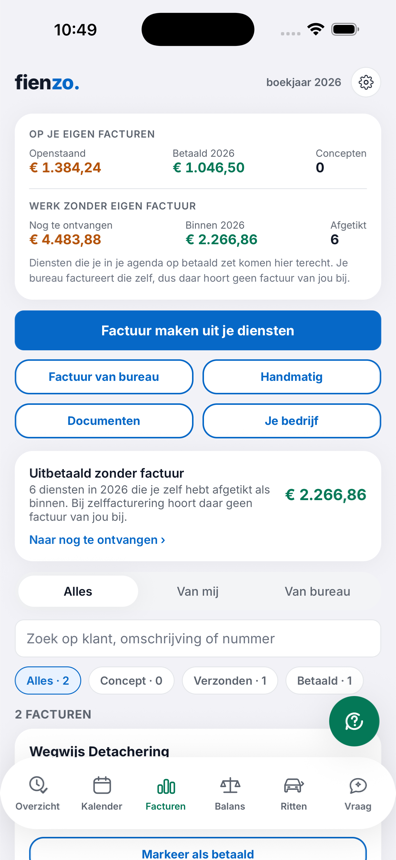 Het overzichtsscherm met omzet, uren en wat er opzij moet