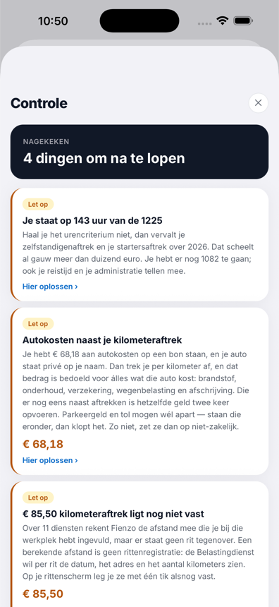 Het controlescherm met wat er niet klopt in je administratie